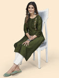 Vbuyz Women's Embroidered Straight Viscose Green Stitched Kurta